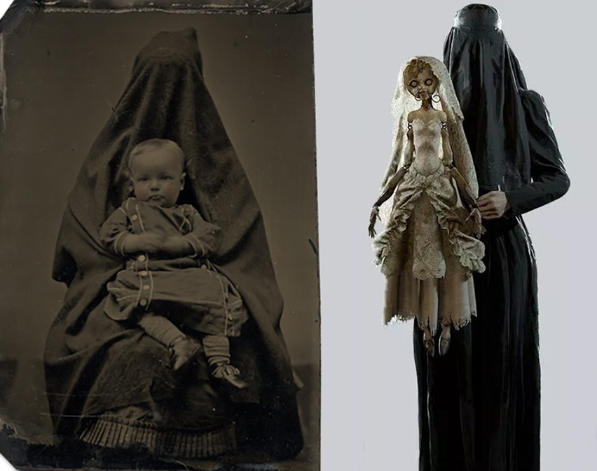 A sinistra: immagine estrapolata dalla serie fotografica The Hidden Mother (2006-2013), di Linda Fregni Nagler. L’artista ha raccolto 997 tra dagherrotipi, tintype, stampe all’albumina, istantanee e altro, documentando la diffusione del fenomeno della madre velata e della condizione femminile tra ‘800 e ‘900. A destra: Donna Beneviento e Angie.